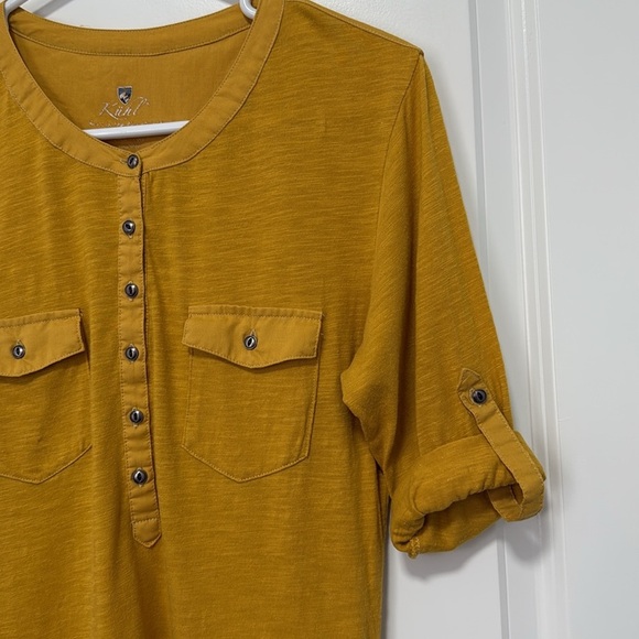 Kuhl Yellow Mustard Organic Blend Cotton 3/4 Sleeve Roll Up Tab Henley Shirt M - Picture 7 of 9